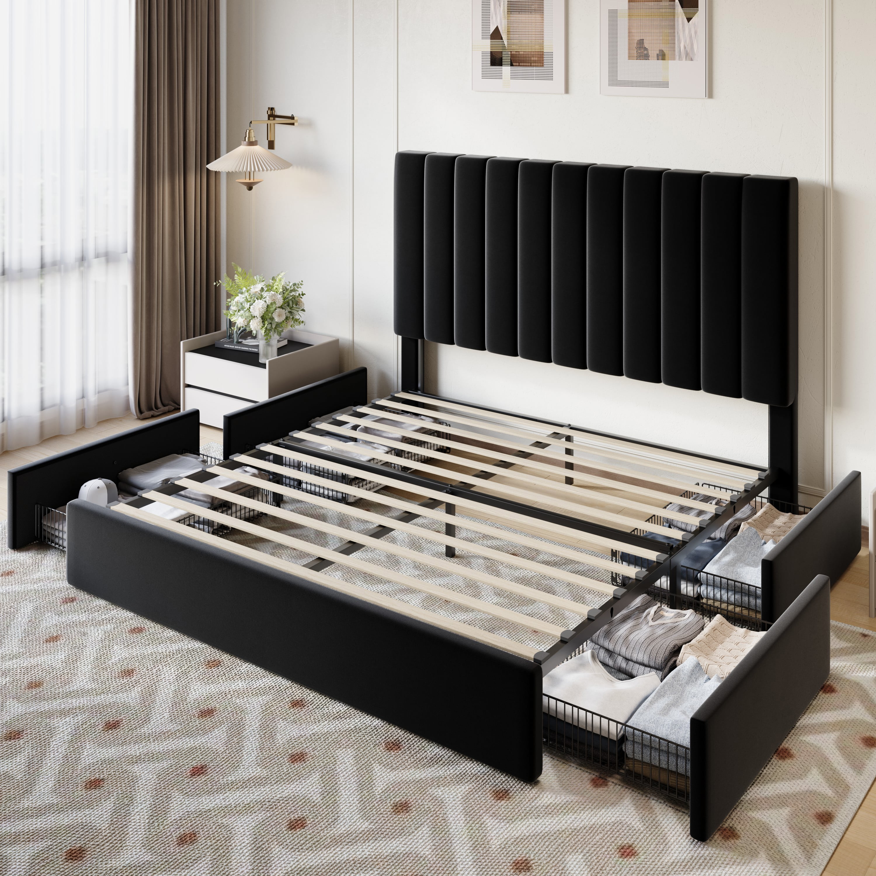 SHA CERLIN Full Size Platform Bed Frame with 4 Storage Drawers, Vertical Channel Tufted Adjustable Headboard, Velvet Upholstered, Wooden Slats Support, No Box Spring Needed, Black