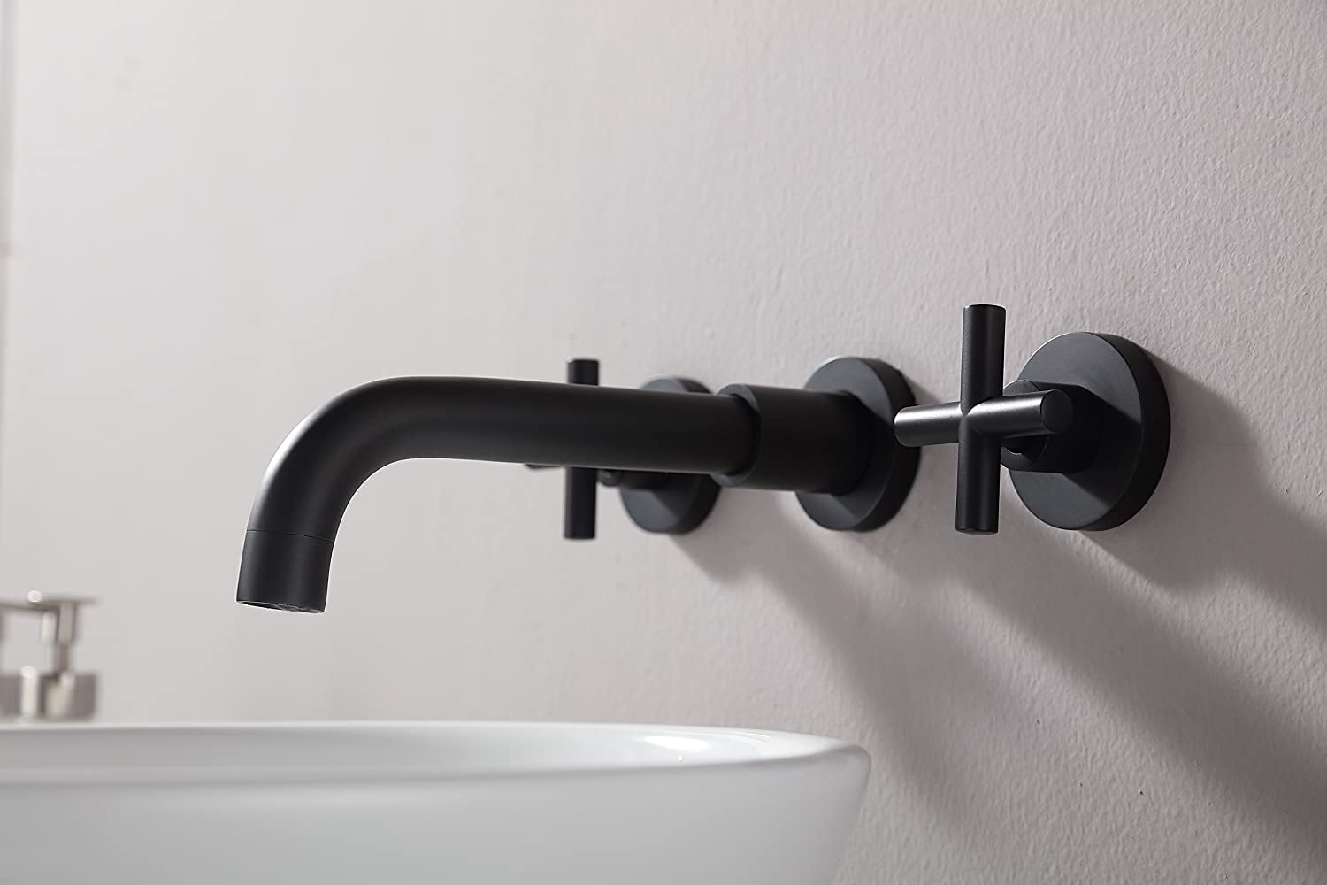 MAYEERTY Wall Mount Bathroom Faucet for Vessel Sink with 2 Cross Handles, Solid Brass, Matte Black