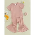 thumbnail image 4 of Musuos Toddler Girl Summer Outfits 1-5T Short Sleeve Ribbed Knit Tops T-Shirts Solid Color Elastic Waist Flare Pants 2Pcs Clothes Set, 4 of 10