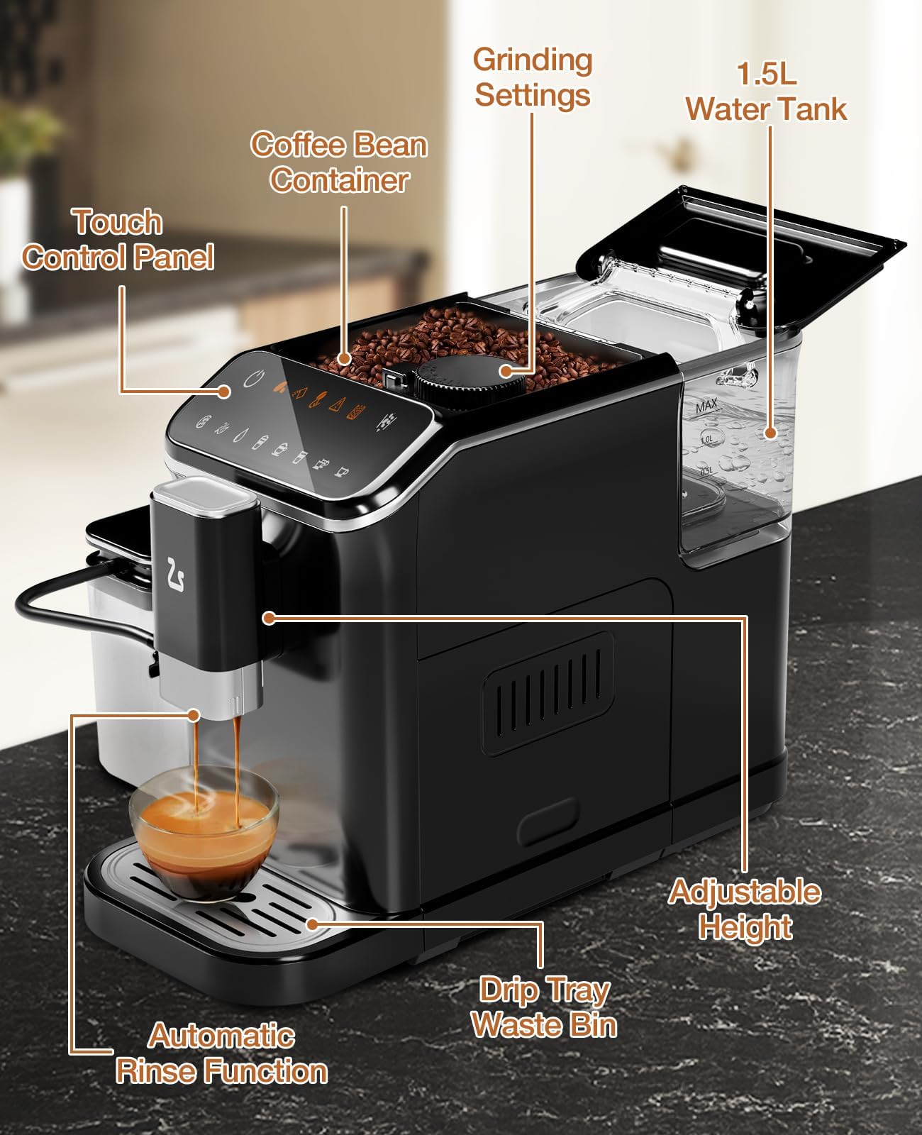 Soonbuy 20 Bar Espresso Machine with Built-in Grinder - Cold Brew & Cold/Hot Milk Frother One-Touch Screen Large Removable Water Tank for Barista-Quality Home Office Specialty Coffee, Black