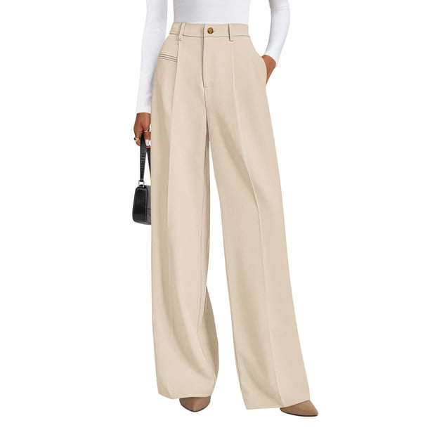 Pantalones PRETTYGARDEN 2025 Mujer Beige Pierna Ancha Cintura Alta