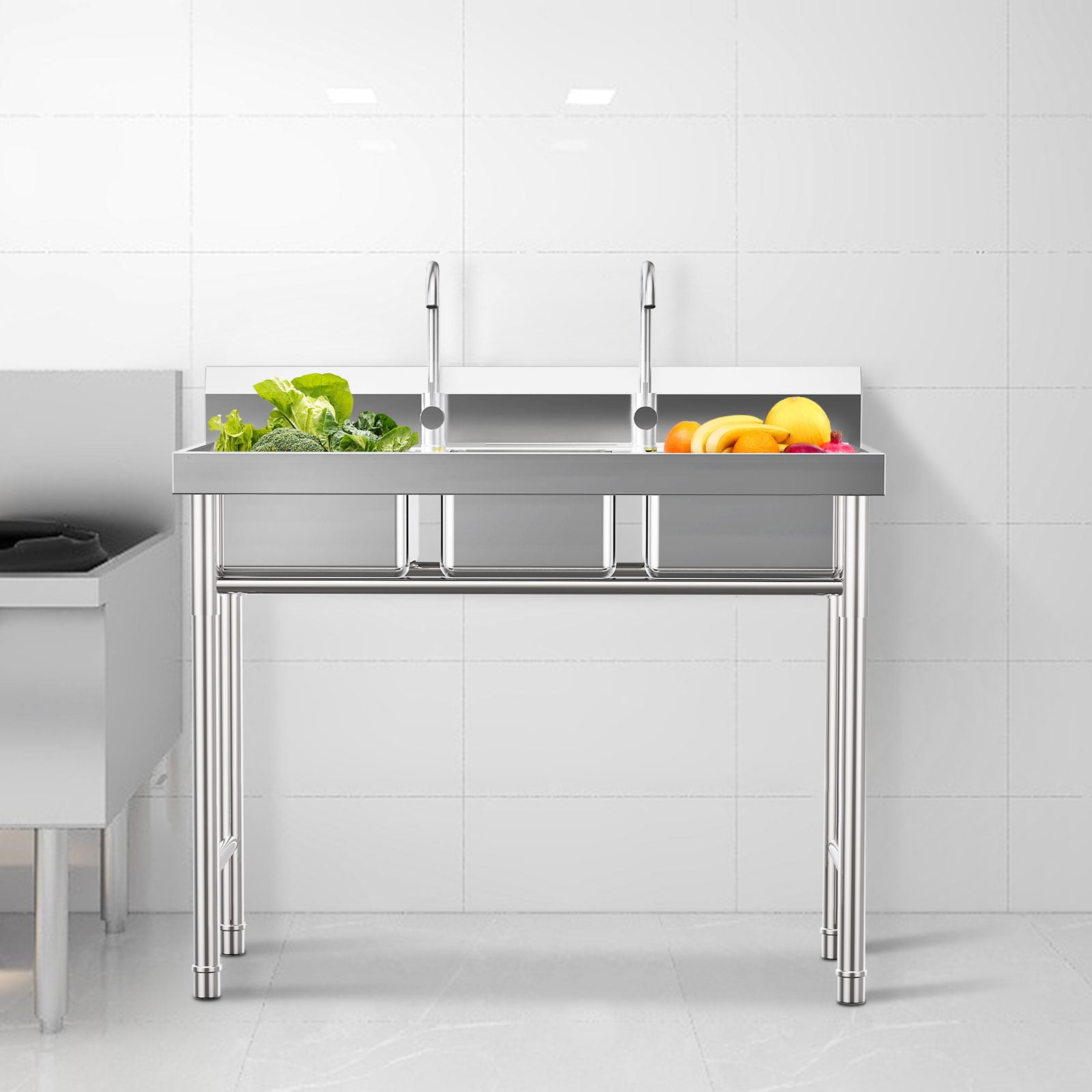 Peakora 3-Slot Kitchen Sink with 2 Rotating Hot and Cold Faucets 304 Stainless Steel Kitchen Sinks Freestanding Utility Sink Commercial Kitchen Basin Free Standing Triple Bowl Sinks 39*18*35.8in
