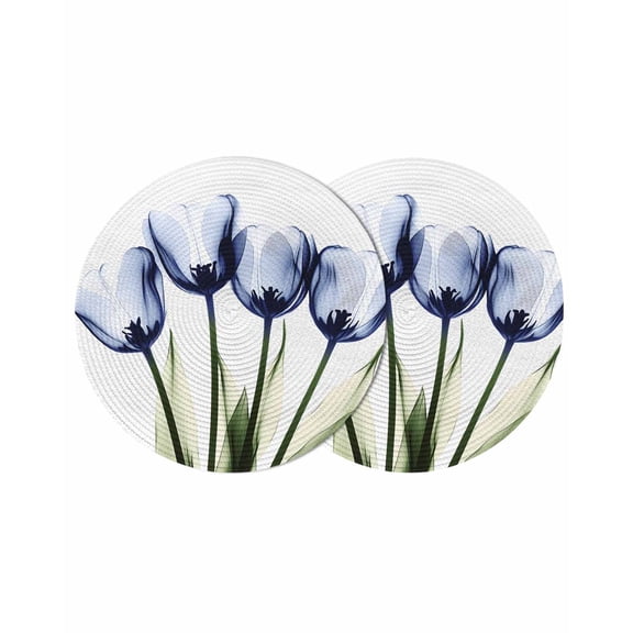 Round Woven Placemats set of 2, Royal Blue Tulip Floral Washable&Heat Resistant Plastic Wipeable Placemats for Round Table Watercolor Flowers Kitchen Dining Table Decor, 15in,