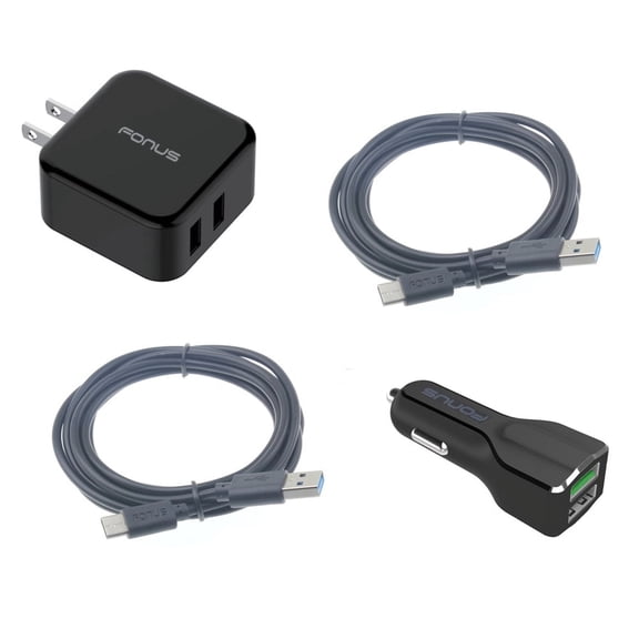 Compatible With G7 G8 ThinQ - 4-in-1 Adaptive Fast Home Car Charger 6ft Long (Two) USB Cable Wall Travel Adapter Type-C P9Y for LG G8 ThinQ, G7 ThinQ