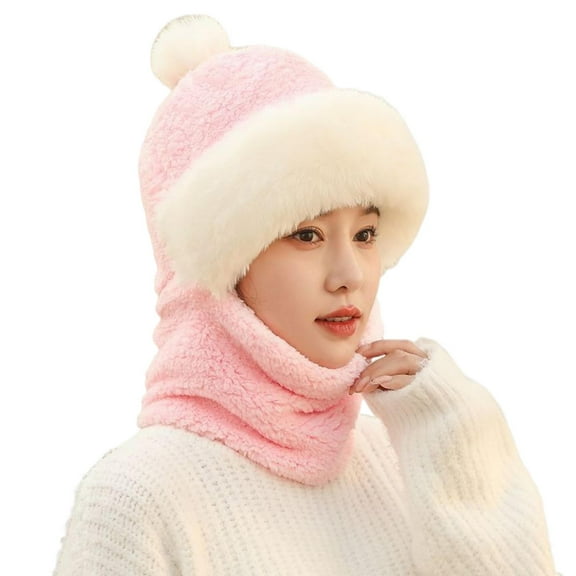 Grofry Women Hat with Integrated Scarf Cold proof Front Cover Thick Plush Warm Full Outdoor Cycling Travel Cold Weather Cap