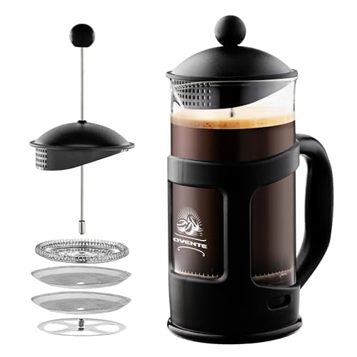 OVENTE Cafetière à Piston 12 Onces avec Verre Borosilicate Résistant à la Chaleur, Système de Filtration en Acier Inoxydable à 4 Niveaux, Cafetière Portable pour Infusion à Froid pour Voyage, Camping Ou Cadeau Noir FPT12B