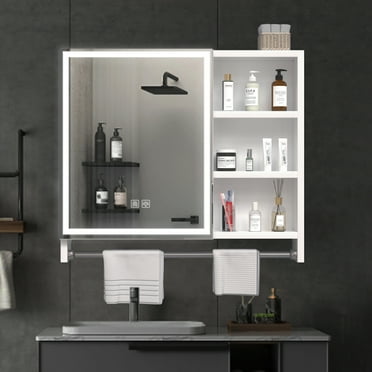 Modern 32x28inches bathroom cabinets, medicine cabinets with mirrors and LED lights, bathroom lockers with multilevel storage compartments and towel rails