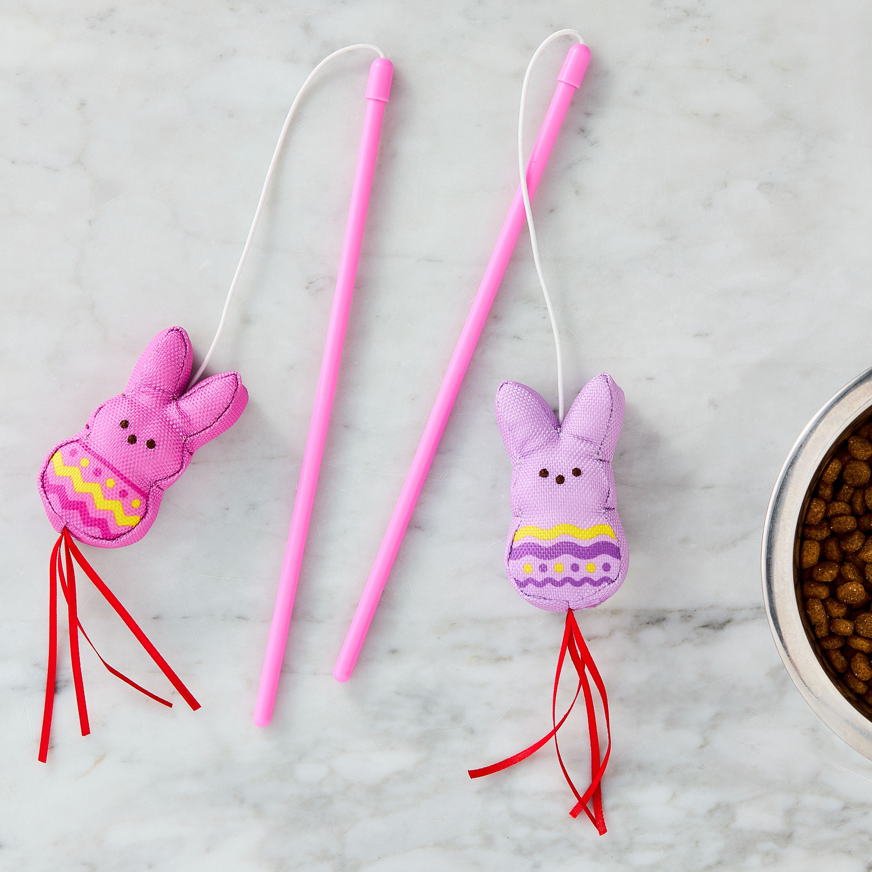 PEEPS® Easter Set of 2 Bunny Cat Wand with Plush Cat Toy, Pink/ Purple