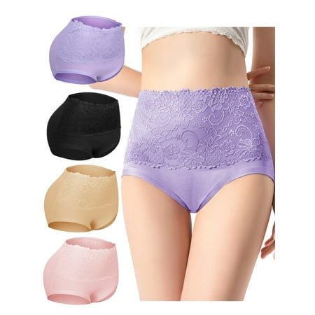 

Womens High Waist Cotton Underwear Solid Color Lace Brief Panties 5 Pack Full Cover Recovery Soft Stretch Panties Underwear