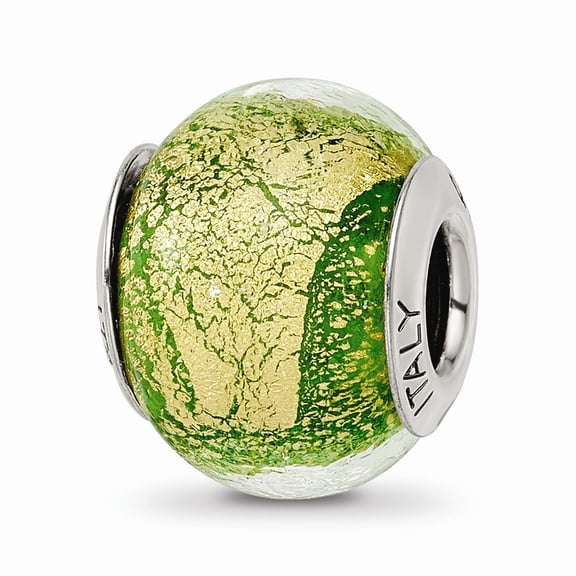 925 Sterling Silver Reflections Green/Gold Italian Murano Bead; for Adults and Teens; for Women and Men