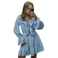thumbnail image 3 of Womens V Neck Casual Long Sleeve Dresses Summer Loose High Waist Ruffle Pleated Cute Mini Short Dress Blue S, 3 of 8