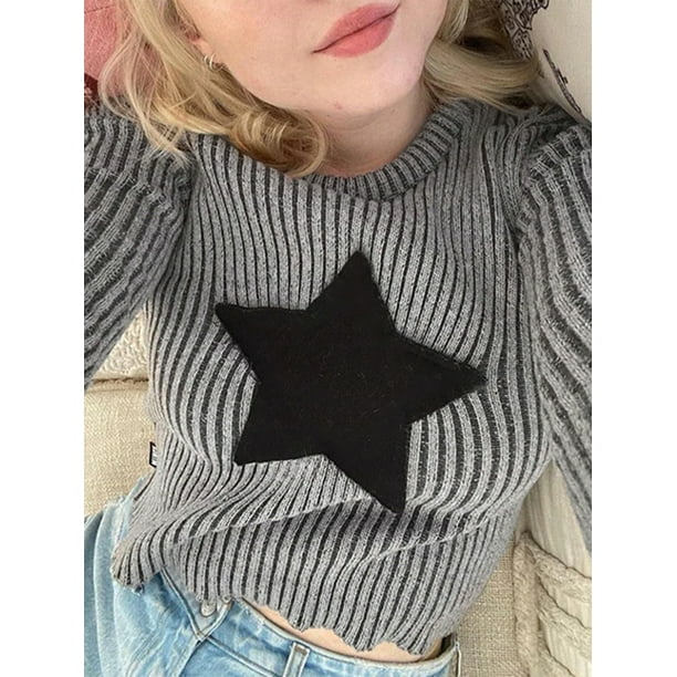 Nituyy Women's Ribbed Knit Crop Tops Long Sleeve Crew Neck Star