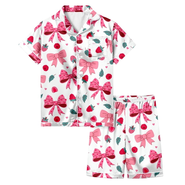 Pyjama Imprimé Nœud pour Filles Manches Courtes Bouton Haut Shorts Ensemble de Pyjama Maison