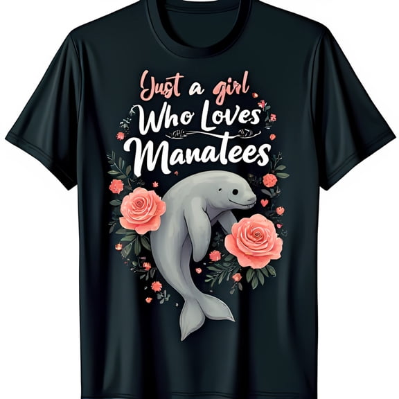 Whimsical Black T-Shirt with Grey & Pink Flowers Just a Girl Who Loves Manatees