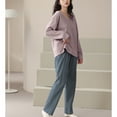 thumbnail image 2 of Defitshape Women's Long Sleeve Shirt Pants Set 2 Piece Ribbed Cotton Pjs Soft Warm Pajamas Cozy Loose Baggy Lounge Set Purple 4-6, 2 of 4