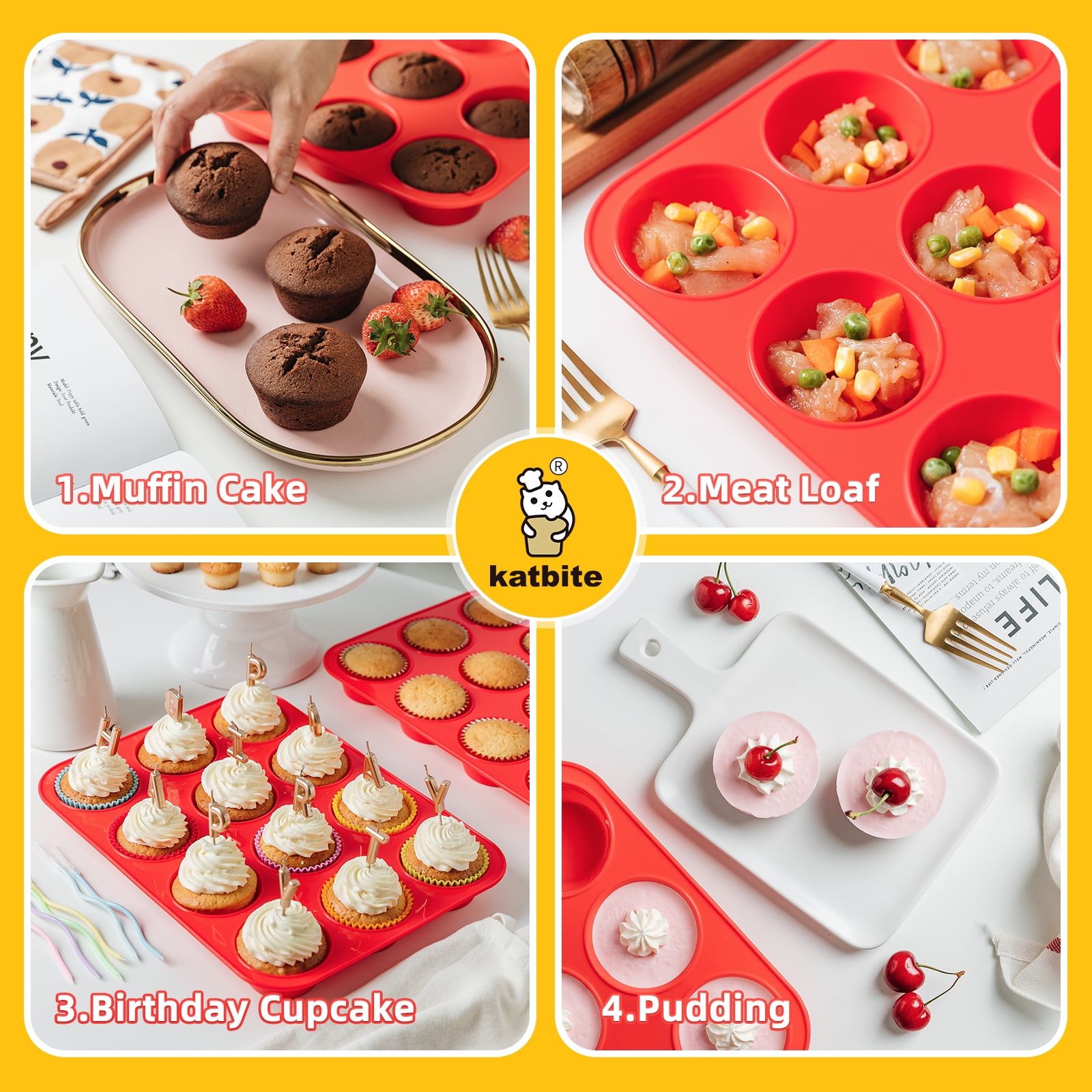 Katbite Silicone Mini Muffin Pan 24 Cups Cupcake Pan Food Grade Silicone Molds for Baking,Red