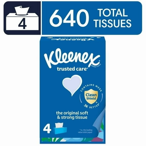 Kleenex Trusted Care Facial Tissues, 4 Flat Boxes, 160 Tissues per Box, 2-Ply - (3pack)