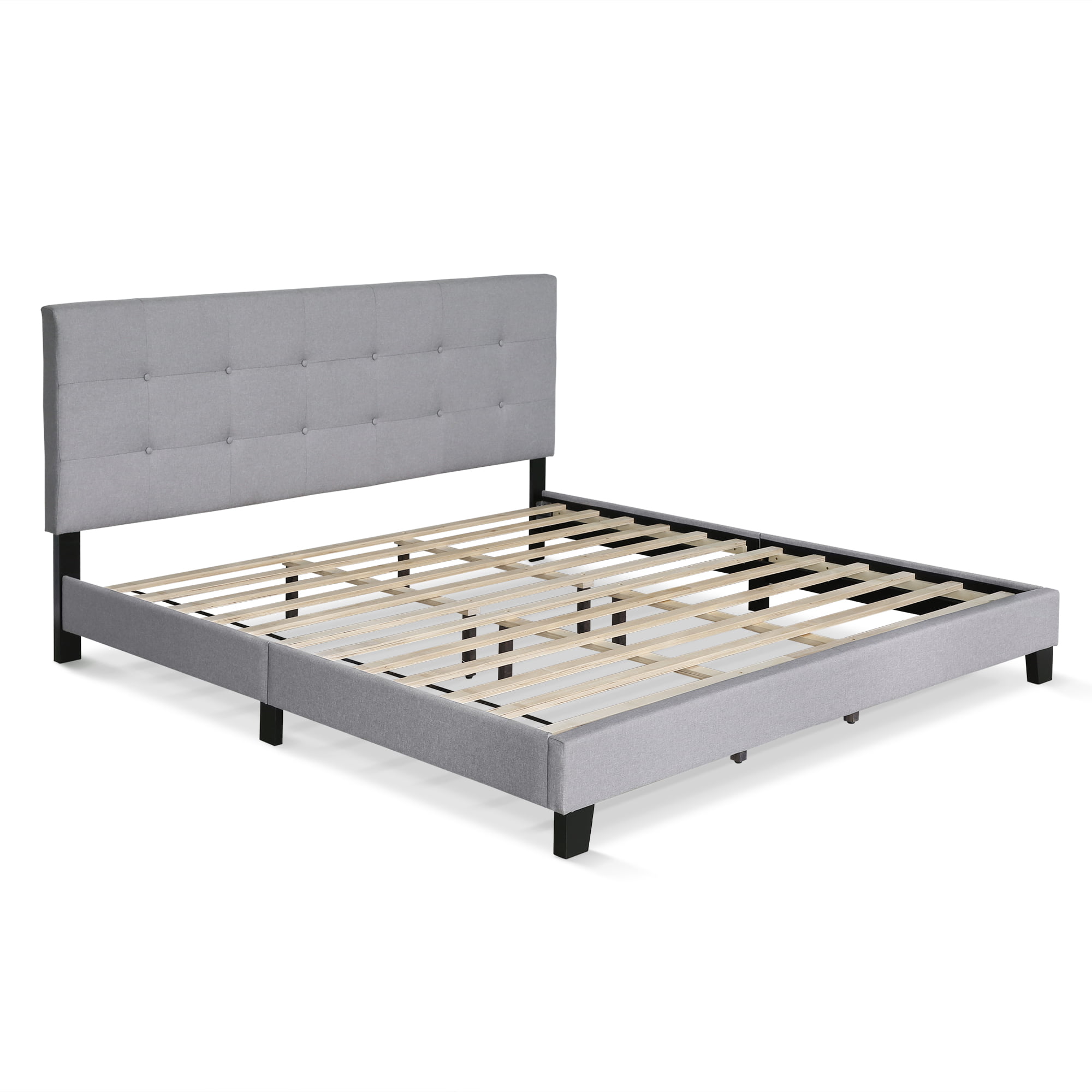 Furinno Laval Button Tufted Bed Frame, 12PC Slat Style, Glacier, King