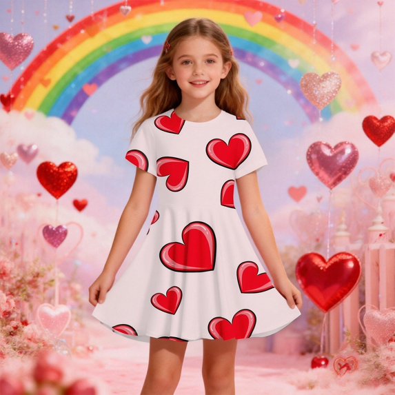WMQPNNS Girls Heart Printed Dress Girls Floral Dress 5t Short Sleeve Tunic Shirt Mid Dresses Casual Summer Dress Skater Sundress Kids Outfits(Size 6-7 Years,White#3)