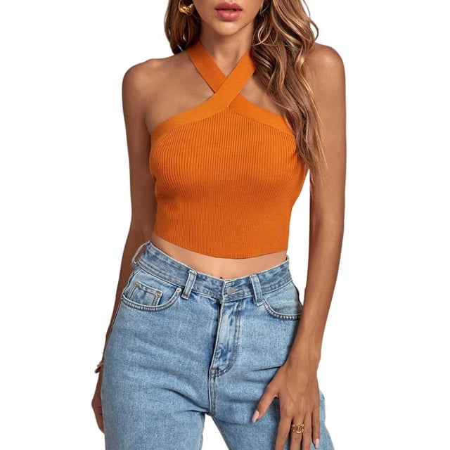 LSLJS Women Spaghetti Strap Tank Tops Women's Spring And Summer Cross Strap Open Back Strap Tank Top Knitted Tight Top