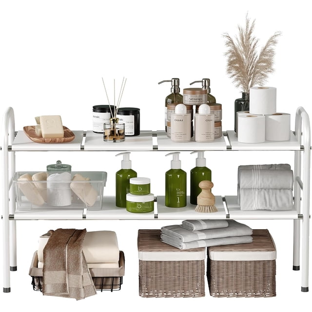 Organizador Bajo Fregadero, Estante de Cocina Expandible de 2 Niveles con 2 cestas metálicas, 1 Organizador de Tapas de Ollas 7 Compartimentos Ajustables, Adecuado para cocinas, An 69.3-81 cm