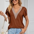 thumbnail image 2 of JWZUY Womens Crochet Lace V Neck Tops Solid Tunic Petal Sleeve Tees Shirts Blouse Short Sleeve Chiffon Elegant Tshirt Summer 2023 Brown XL, 2 of 8