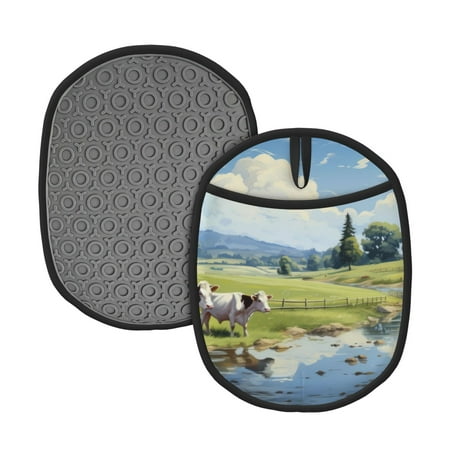 

Qekee Pasture Cow Pattern Silicone Pot Holders Oven Mitts Heat Resistant Hot Pads Non Slip Pot Holder Towel Cloth Interior Lining