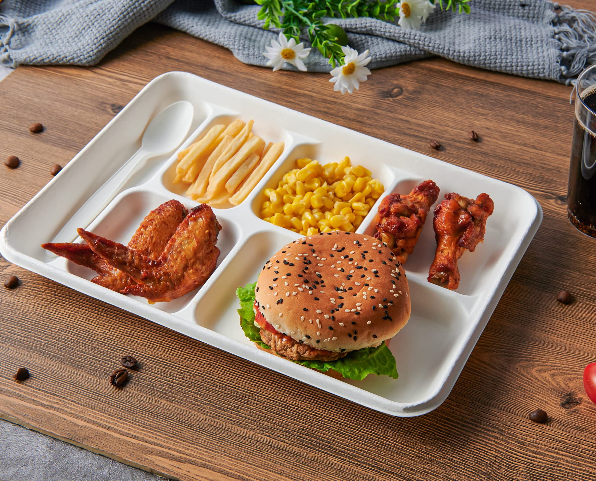 Vplus 100% Compostable 6 Compartment Plates, AFN190 Pack Compartment Paper Plate, 12.5x8.6 inch Disposable School Lunch Trays, Eco-Friendly Bagasse Plates for School Lunch, Buffet, and Party