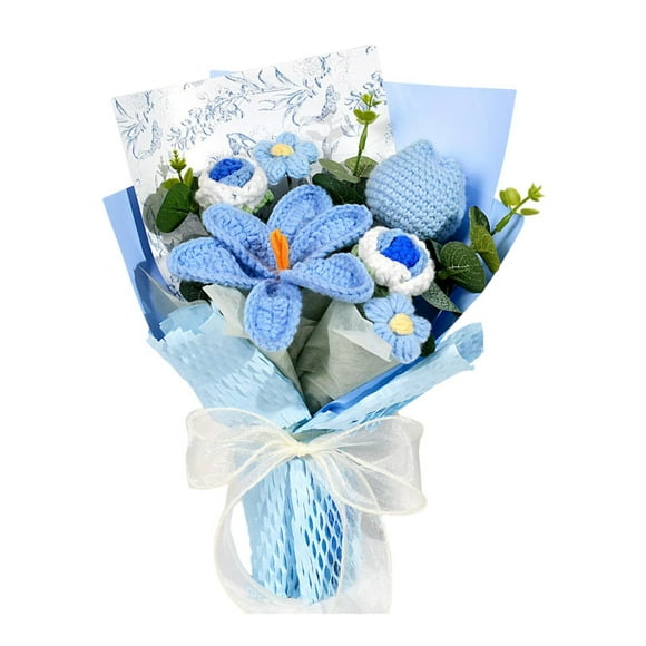 Ramo de flores de ganchillo, flores artificiales, creativo, versátil, con envoltura, hecho a mano. azul