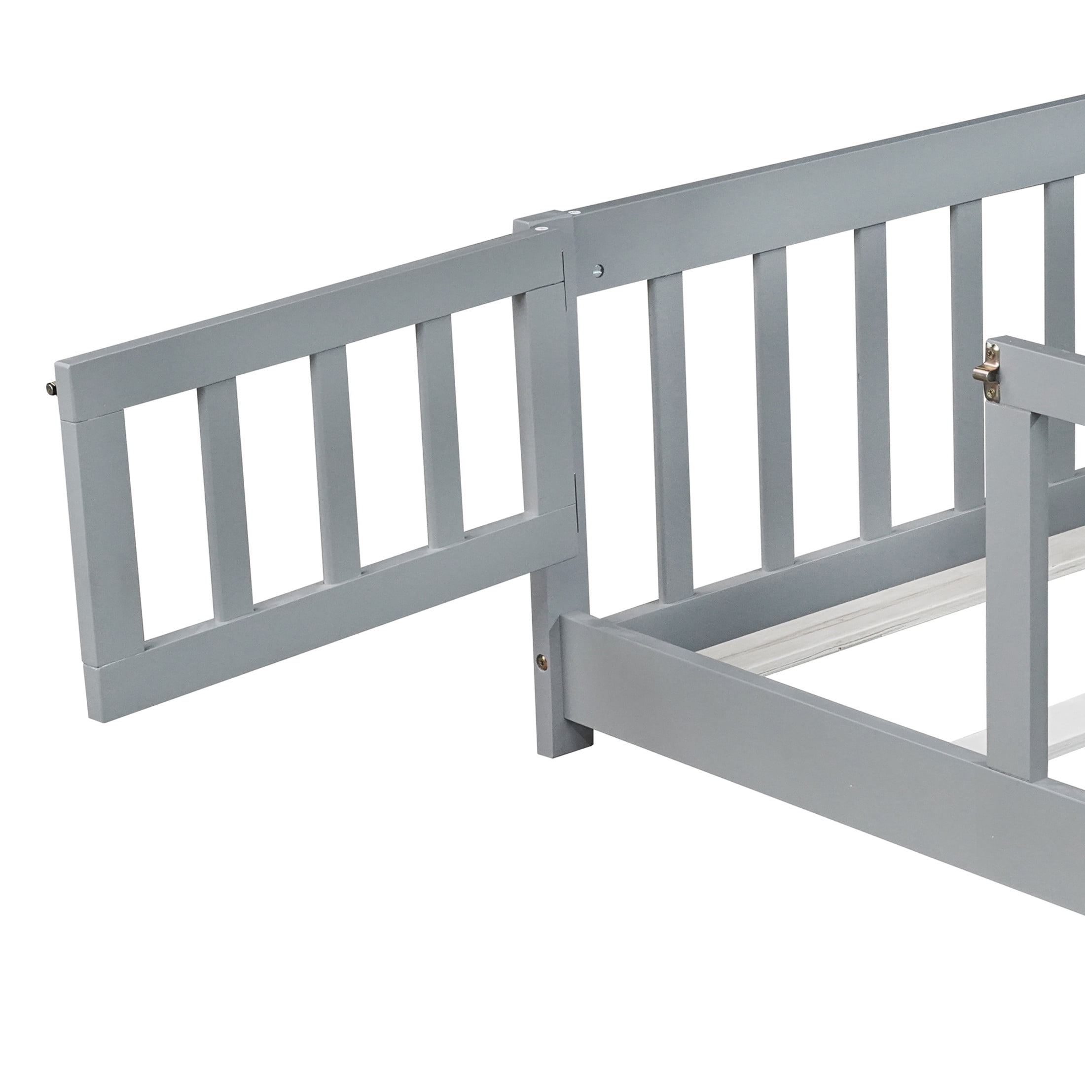 Noble House Mira Full Floor Bed with Fence and Door, Sturdy Rubber Wood Montessori Bed Frame, Kid's Room, Gray