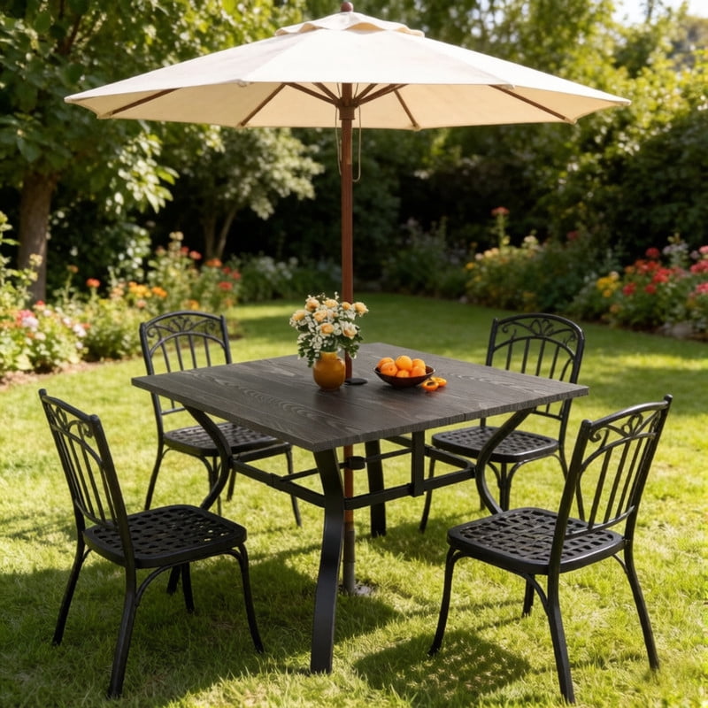 Howcool 1Pcs Outdoor Square Small Dining Table for 4, Iron Patio Bistro Table w/ 2-inch Umbrella Hole