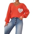 thumbnail image 2 of Sweaters for Female Lantern Sleeve Heart Print Pullover Embroidered Lace Patchwork Knit Pullover Orange S, 2 of 9