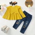 thumbnail image 3 of 2T Toddler Baby Girls Clothes Baby Girls Outfits 2-3T Girls Long Sleeve Solid Color Top Jeans Pants Headband 3PCS Set Yellow, 3 of 10