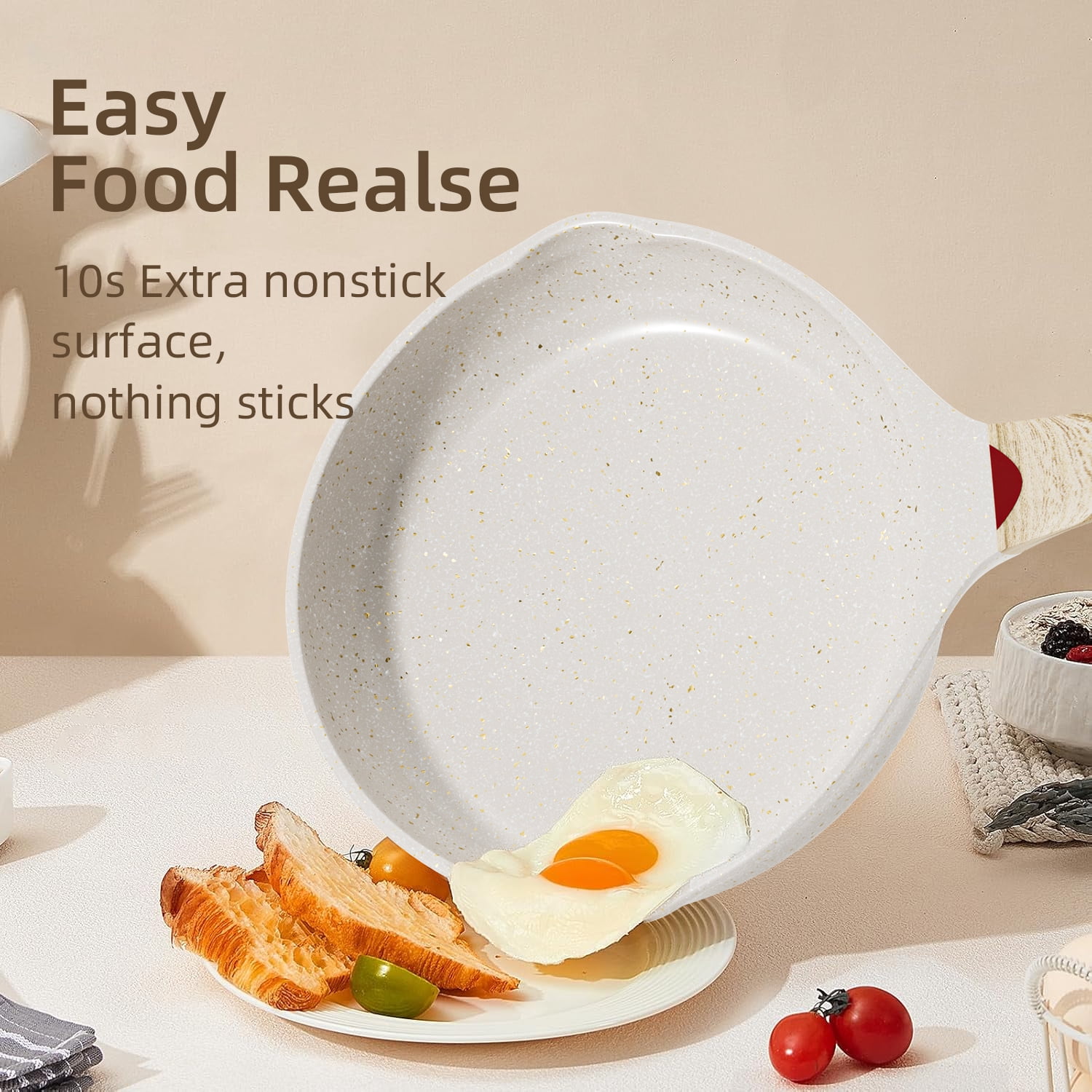 Caannasweis Nonstick Granite Frying Pan Set, 3 Pieces, Aluminum Cooking Pans, Beige