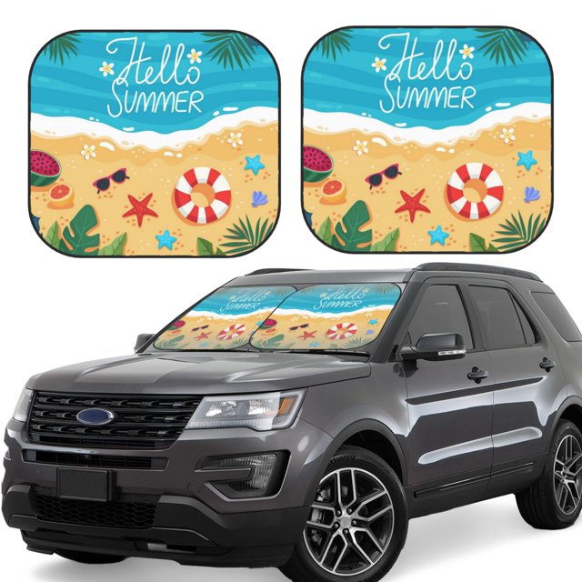 Fotbe Hello Summer1 Juego de 2 Piezas de Parasoles para Parabrisas | Bloqueador Solar para Auto | Accesorios Plegables para Protección Solar Interior-Large