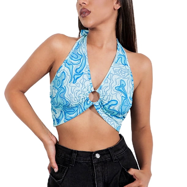Playeras,Blusas y Tops,Ropa para Mujer Sexy camisetas sin mangas para las mujeres Crop Top para mujer Teen Girt Halter Tank Top sin mangas Sexy Party Club blusa Top (Blue, M)