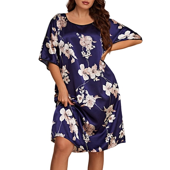 DHFJKG Womens Nightgowns Short Sleeve Silk Satin Sleepwear Plus Size Knee Length Floral Sleep Dress Summer Scoop Neck Lightweight Nightdress Cozy Home Clothes