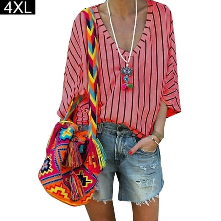 

BESTHUA Silk Striped V-neck T-shirt Top Blouse for Women