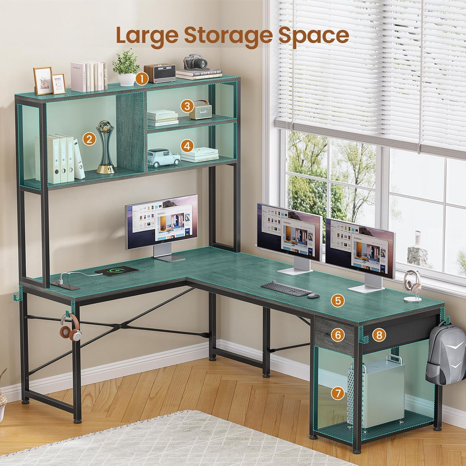 51" L Shaped Desk wtih Power Outlets and Storage, Reversible Gaming Desk with Drawer and Open Shelves, Small Computer Desk Corner Desk with LED Lights for Home Office, Bedroom, Small Space, Grey