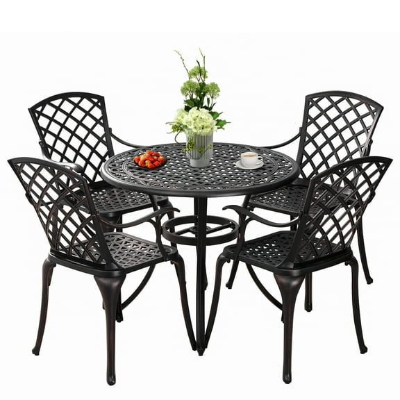 Withniture 5-Piece Patio Dining Set, Anti Rust Cast Aluminum Patio Table and Chair Set of 4 with Umbrella Hole, Patio Bistro Set Suitable for Patio Garden Deck