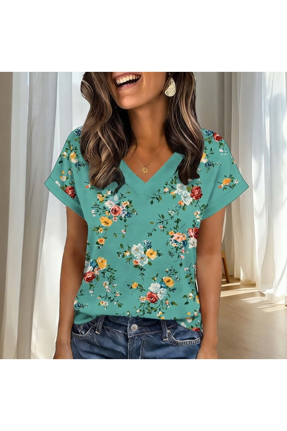 Women's Botanical Printed Flutter-Sleeve V-Neck Top - Fresh Summer Casual Staple