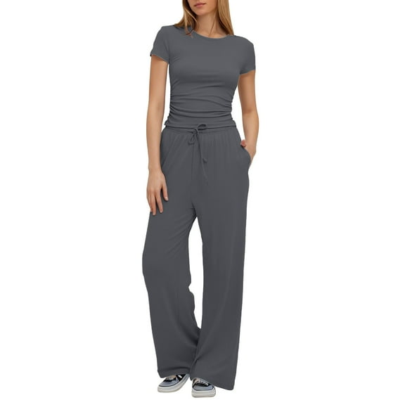 CILENON Plus Size Workout Sets Women's 2 Piece Outfits Sets Ruched Short Sleeve Tops And High Waisted Wide Leg Pants Tracksuit Sets Joggers for Women 2 Piece Set Casual Sets for Women (Gray1,M)