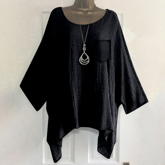 Black Womens Tops Women's Cotton and Linen Spring and Summer Loose Pocket Short Sleeved T Shirts for Women