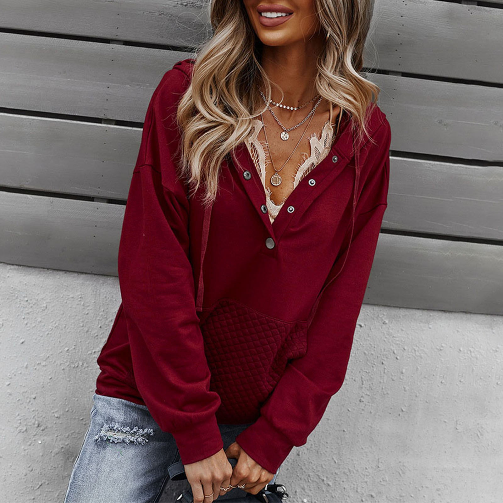 Women Pullover Hoodie Tops Long Sleeve Plush Stitching Sweatshirt Blouse T-Shirt 