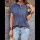 thumbnail image 3 of Tops Henley de Corta para Mujer, Cuello en V, Elegantes, Informales, de Corte Holgado, Azul, XXL, 3 of 6