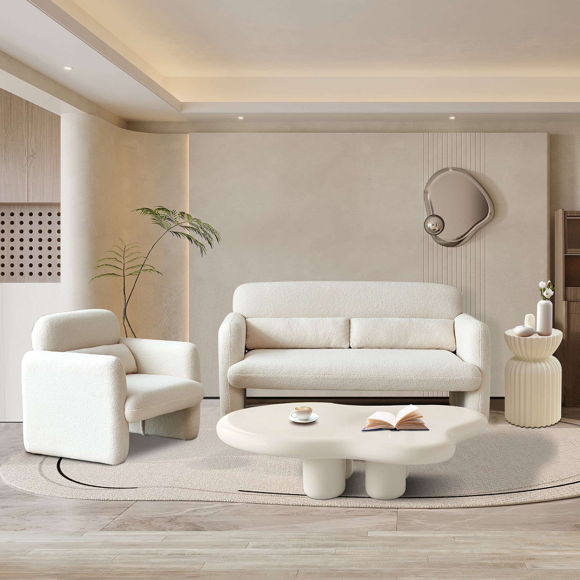 Youdao 59" Small Loveseat Sofa, Modern Sherpa Mini Sofa Couch, Lambswool 2-Seater Fluffy Love Seat, Teddy Fabric Upholstered Compact sofa with 2 Throw Pillows for Apartment Office Small Space, Beige
