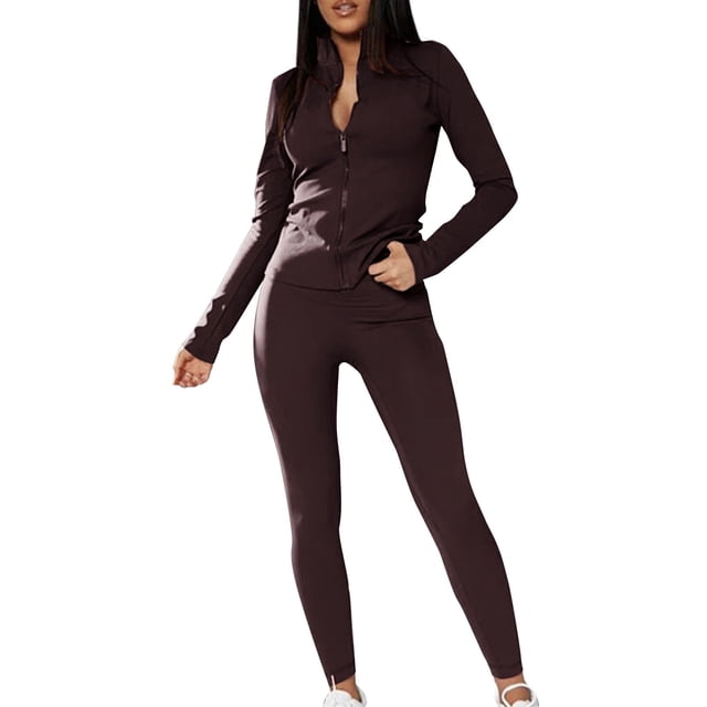 Track Suits for Women Set, Fadeal 2 Piece Sets for Women Slim Zipper Solid Color High Collor Top and Tight Pants Matching Set Athleisure Sets Women Brown M