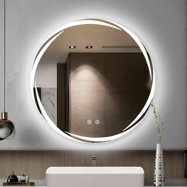 Espejo para Baño, Espejo LED de Baño Redondo con Función de Memoria y Desempañado HD, Espejo de Maquillaje, Botones Táctiles Inteligentes, Regulable 3 Colores, 4mm Vidrio Prueba Explosiones