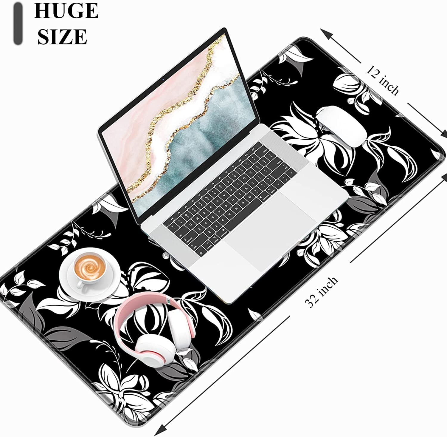 Desk Mat, 32" x 12" XXL Extended Large Gaming Mouse Pad, Desktop Decor Desk Pad, Cute Men Women Office Supplies and Accessories, XL Mouse Mat for Laptop & Keyboard, Black White Flowers