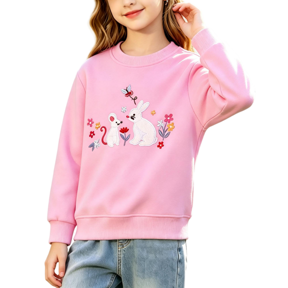 CBASIHI Girls Bunny Floral Embroidered Crew Neck Sweatshirts Long Sleeve Loose Fit Fall Lightweight Cute Cotton Pullover Top Pink Bunny 2 T-7 T